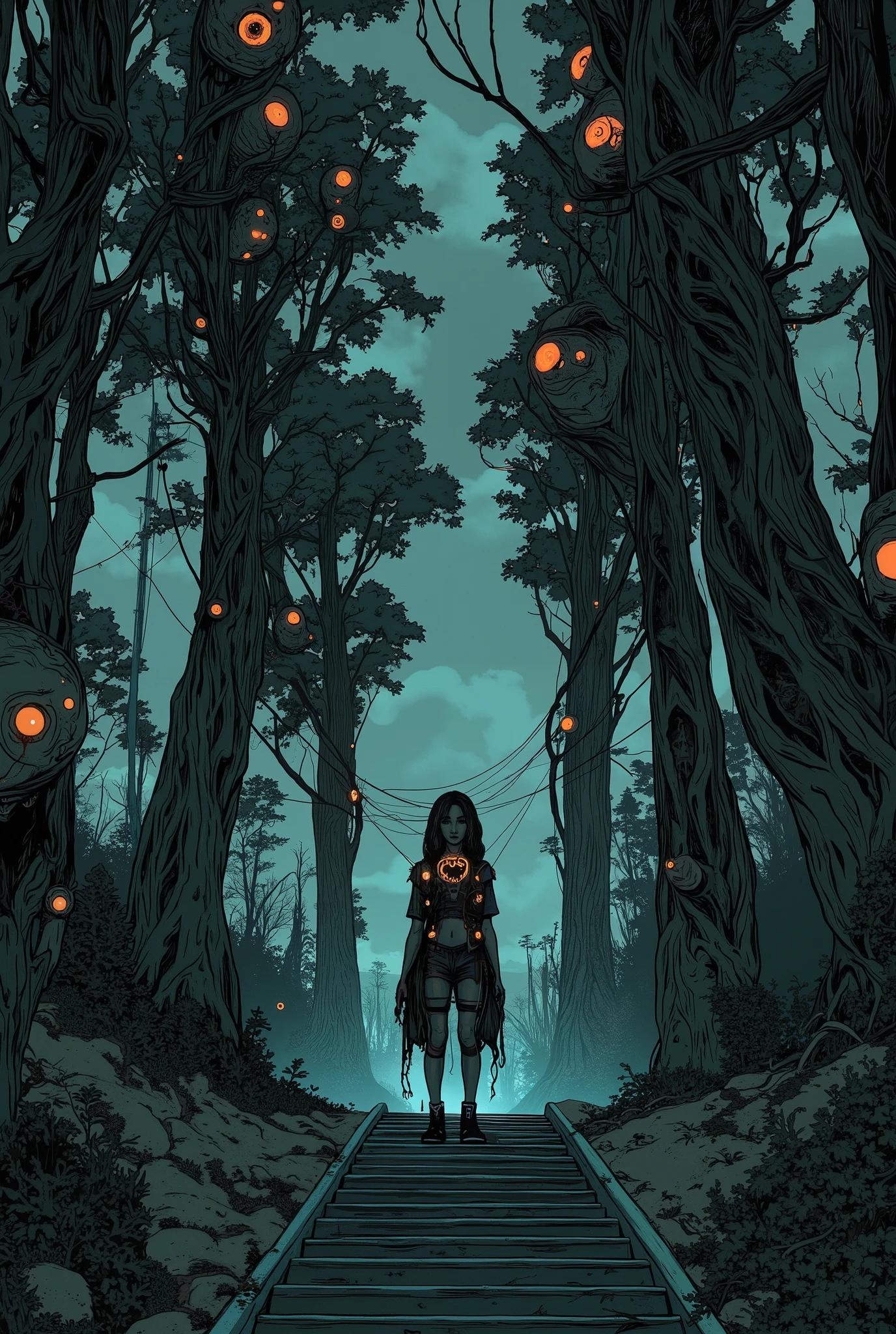 treeを背景に階段に立っている男がいる, with multiple eyes, Dark surreal art, tree々Eye inside, spooky art style,  Surreal Dark Art ,  surreal art of fear , Eerie Glowing Eyes ,  hyperrealistic illustration , Surreal Photography, multiple eyes, psychedelic surreal art, surrealism aesthetics, Surreal Photographygraphy, Many Eyes, Eye on the wall, Glitch Eye