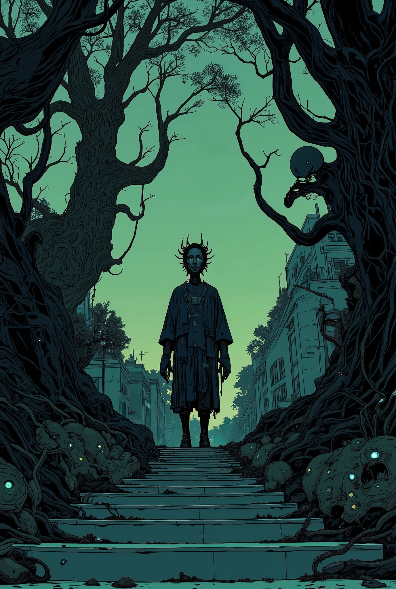 treeを背景に階段に立っている男がいる, with multiple eyes, Dark surreal art, tree々Eye inside, spooky art style, Surreal Dark Art , surreal art of fear , Eerie Glowing Eyes , hyperrealistic illustration , Surreal Photography, multiple eyes, psychedelic surreal art, surrealism aesthetics, Surreal Photographygraphy, Many Eyes, Eye on the wall, Glitch Eye