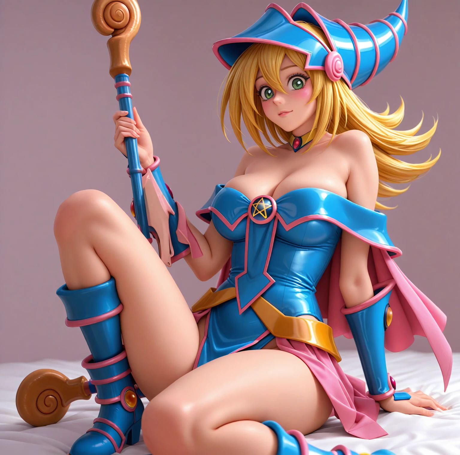 (Obra maestra:1.2), (La mejor calidad:1.2), perfect lighting, Chica Maga Oscura lanzando un hechizo, flotando en el aire, tetas grandes, escote, fondo de magia. Corazones transparente en el hambiente, bata azul, sombrero grande, desde arriba, Destellos, Yugioh Card en el fondo. En tacones y en bikini 