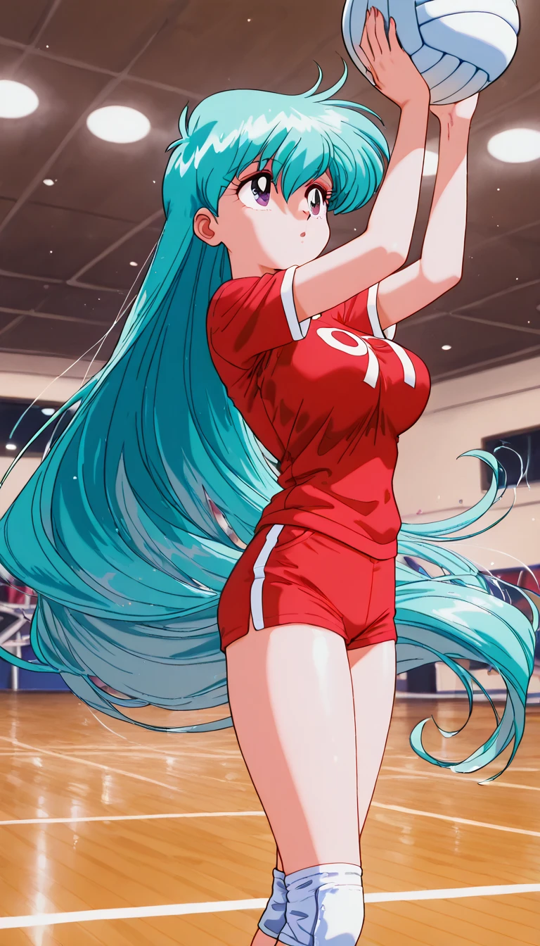 Light blue long hair、Beautiful girl with twin tails、smile、Red leotard、Playing trampoline、Trampoline competition venue、A packed audience、Flying high and high on a big trampoline