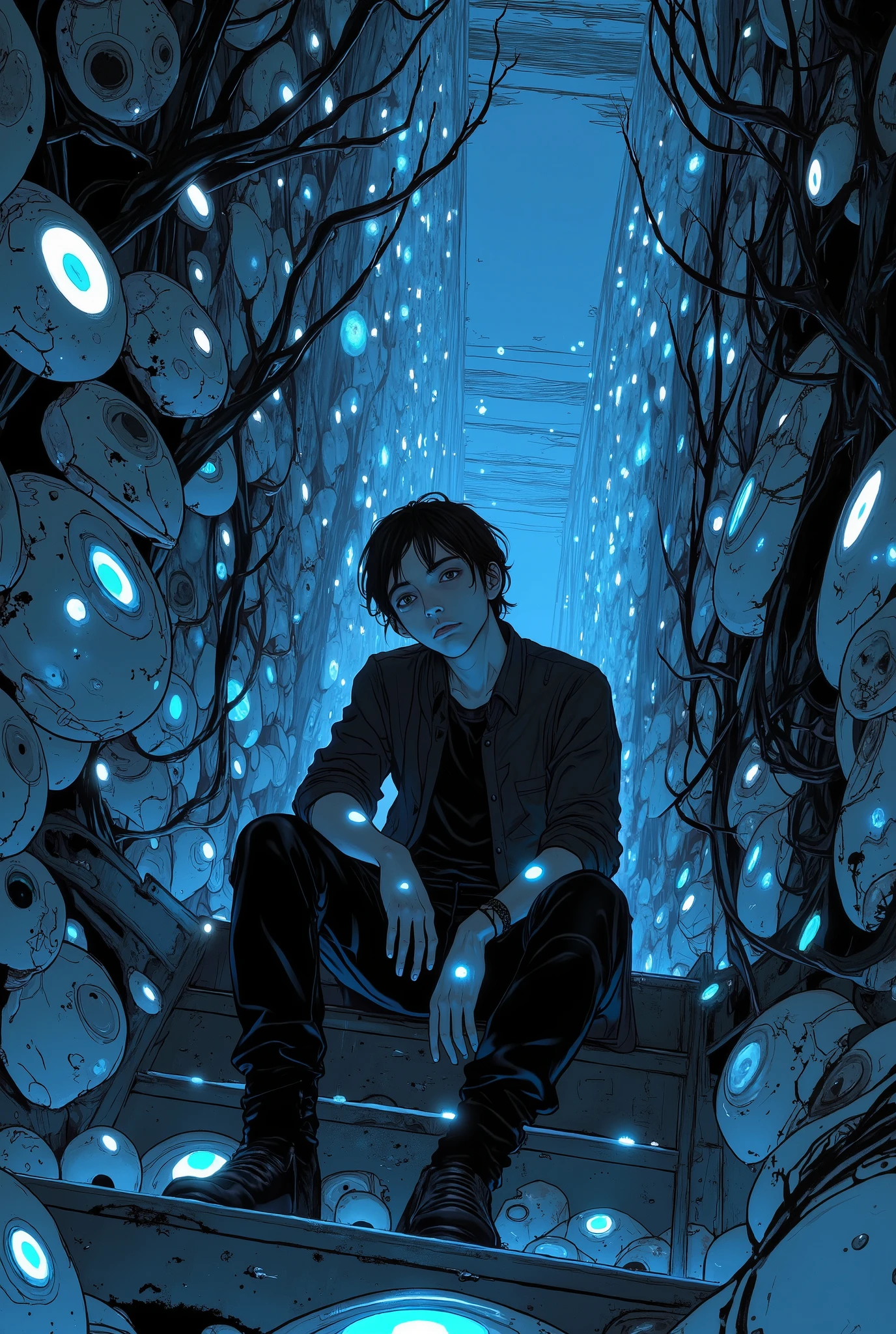 there is a man sitting on a stair with 輝く手 on it, 輝く瞳 everywhere, with 輝く瞳, numerous dimly 輝く瞳, metal and 輝く瞳, white 輝く瞳, blue 輝く瞳, イ・インムン著, 輝く手, 輝く瞳, ロイッシュ, イヴァン・ヘネラリッチ著, eerie 輝く瞳, 目が光っている , 不気味な!!, stairs