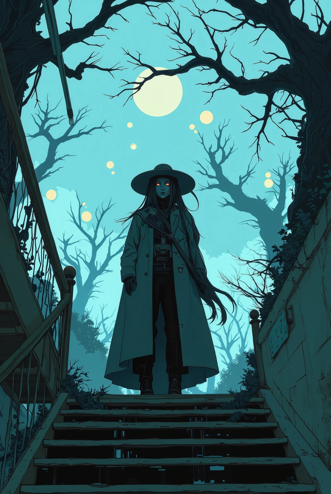 a mysterious figure is standing on the stairs, wearing a long coat and a wide-brimmed hat {x} The silhouette rises against a fantastic and dreamy background. This individual, the pupils come to life against a soft light background, shadows falling , their true identity has become unclear、enhances the surreal nature of the scene. behind them, it enhances the surreal nature of the scene, countless eyes floating in the air, each is staring intently, the pupils appear to be separated from the physical form, Pale blue atmosphere. These eyes , suggests interaction between the indoor space and the outside world, with elements of intrigue and suspense added. x} The clock on the wall suggests a traditional indoor environment, emphasizes the dramatic atmosphere. depicts disturbing yet enchanting patterns, branches and leaves cast shadows on the wall, The staircase is wrapped in a contrast of light and shadow, where a scene from another world unfolds.