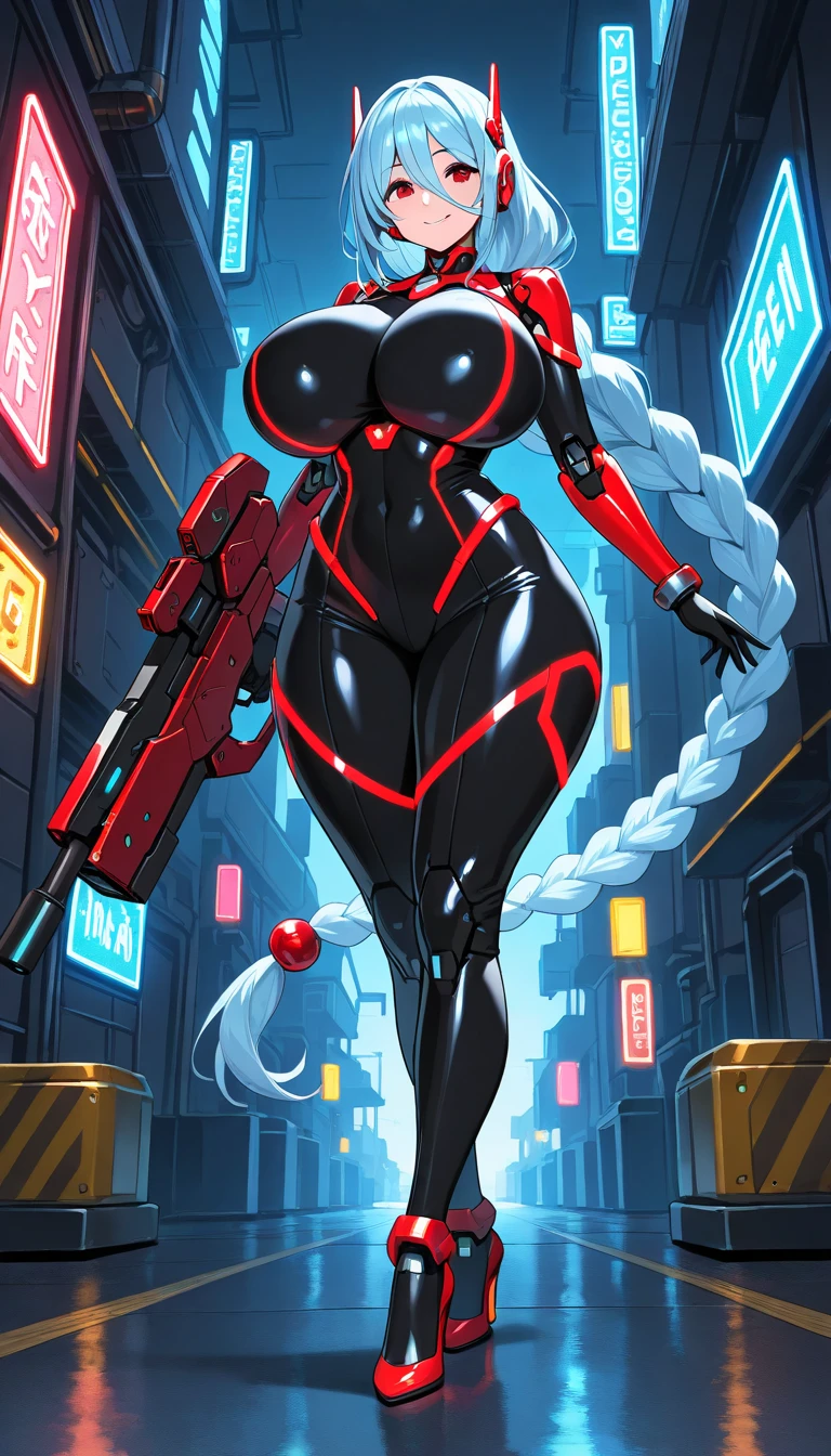 masterpiece,(bestquality),highlydetailed,ultra-detailed, cyberpunk, full body, black hair, Very long hair, oni, Horn, (Large Breasts:1.2) , kimono, katana, (Muskyla:0.9), tall woman
