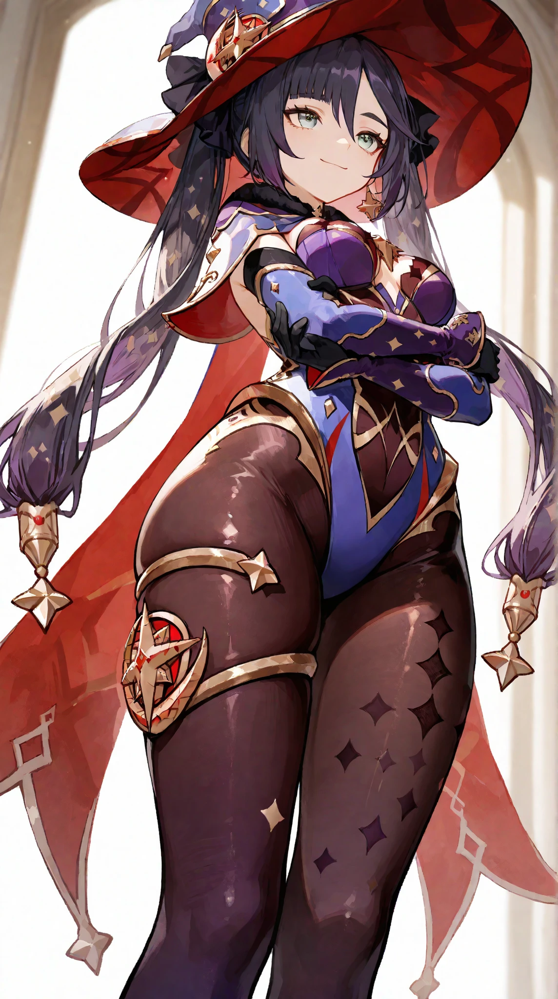 ((masterpiece, white background:1.2)) full body of a woman, standing feet together, extremely long hair, ponytail, perfect anatomy 1sologirl, tall slim thick ((muscular)) high elf toned body, silver breast plate, blue cape, slender abs, hourglass waist, detailed face, defined cheekbones, puffy lips, red gloves gauntlets, gold crown, shadow over eyes, looking at viewer view from below, white thigh highs lingerie