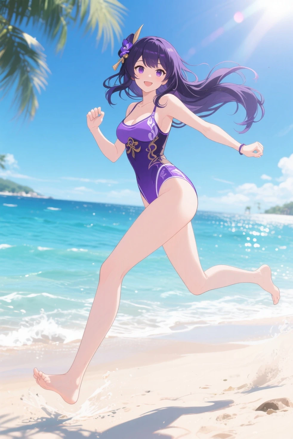 Twelve-year-old girl with long straight black hair,Bare arms,Purple and white one-piece swimsuit,Backless,Bare Legs,barefoot,Standing,beach