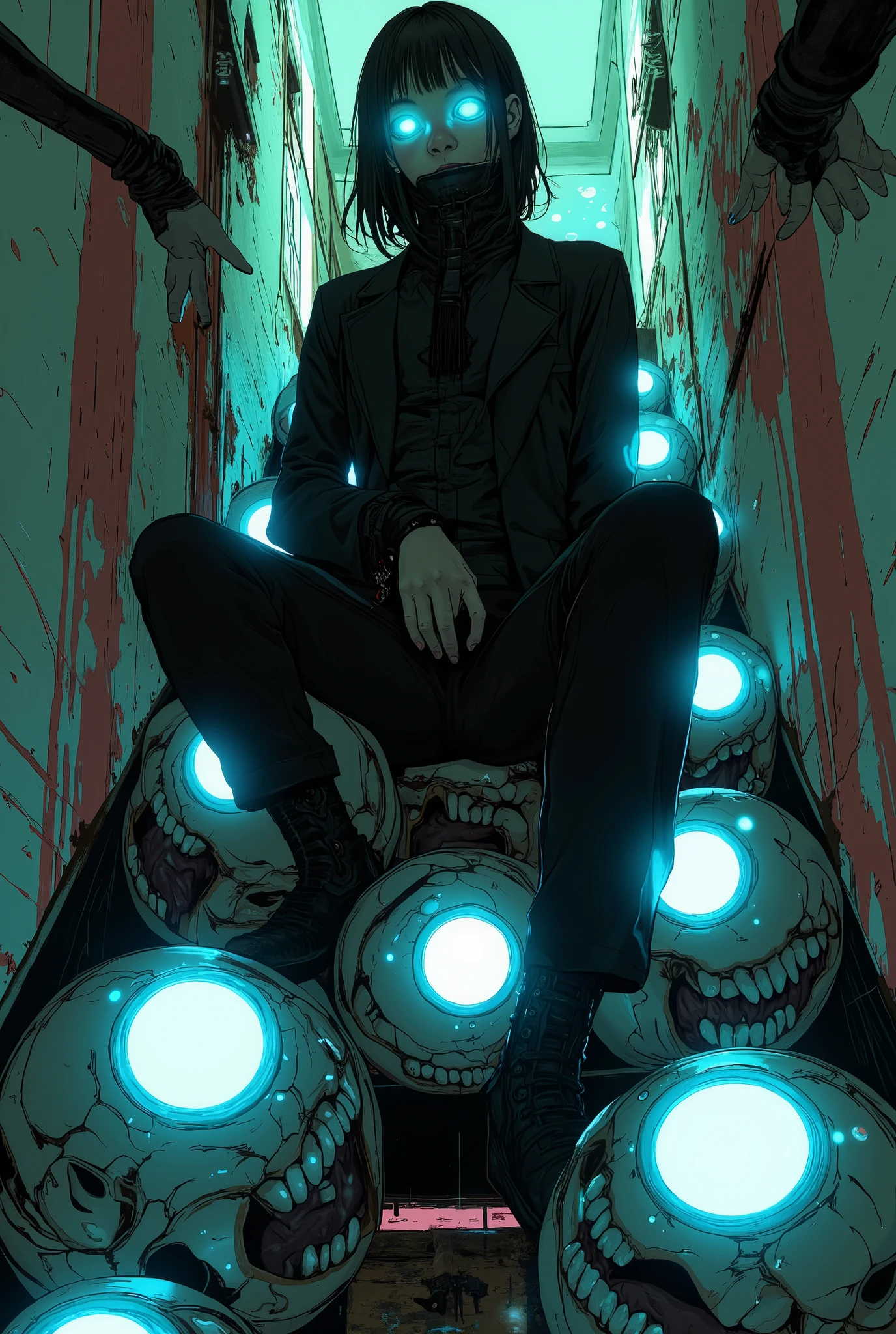 これらの手teeth影の中から手を伸ばしているような印象を与えます, A figure in a black suit sits at the topA narrow staircase. The staircase itself forms a surreal and unsettling passageway。, 各ステップにteeth, They are similarly adorned with matching glowing blue eyes. The staircase itself forms a surreal and unsettling passageway, teeth、Adding to the eerie, otherworldly atmosphere to the scene. The lighting is dim. , Throwing subtle shades of pastel pink and green onto the wall, There is a mysterious hand reaching out、Adding to the unsettling nature of the environment. 。Inviting speculation as to the identity of the figure and the purpose of the strangely animated staircase。{x} 構図teeth、The mystery of the figure and、Focusing on the unsettling repetition of glowing eyes and reaching out hands, creates a sense of entrapment and intrigue. 全体的なムードteethサスペンスとミステリー, Except for two glowing blue eyes piercing the darkness、顔teeth影で覆い隠されています.
