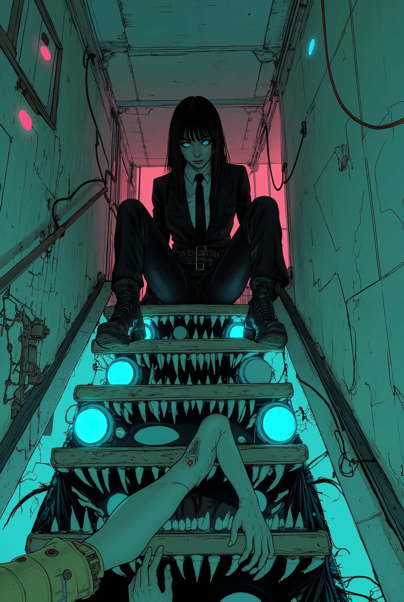 これらの手teeth影の中から手を伸ばしているような印象を与えます, A figure in a black suit sits at the topA narrow staircase. The staircase itself forms a surreal and unsettling passageway。, 各ステップにteeth, They are similarly adorned with matching glowing blue eyes. The staircase itself forms a surreal and unsettling passageway, teeth、Adding to the eerie, otherworldly atmosphere to the scene. The lighting is dim. , Throwing subtle shades of pastel pink and green onto the wall, There is a mysterious hand reaching out、Adding to the unsettling nature of the environment. 。Inviting speculation as to the identity of the figure and the purpose of the strangely animated staircase。{x} 構図teeth、The mystery of the figure and、Focusing on the unsettling repetition of glowing eyes and reaching out hands, creates a sense of entrapment and intrigue. 全体的なムードteethサスペンスとミステリー, Except for two glowing blue eyes piercing the darkness、顔teeth影で覆い隠されています.
