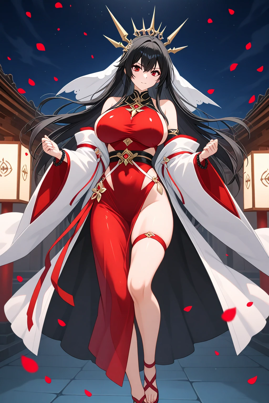 1 Woman, mature, High (1.85 cm), looks about 35 years old, has long black hair, straight and shiny, tied in the Chinese Taoist style, majestic black eyes, Extremely detailed eyes, perfect eyes, đôi mắt cực kỳ thực tế, balanced eyes, Long eyelashes, Anime style, perfect face, milf face, full red lips, mature, smooth white skin, natural body, sexy body, milf body, Perfect hands, detailed hands, arms in proportion to the body, đôi tay thực tế, arm with good anatomy, She was wearing only a white Chinese style dress decorated with gold and silver with phoenix motifs woven into the dress but still could not hide her extremely large and gigantic breasts., very big breasts, four hands can lift,breasts sag due to their size, leggy, thick thighs, wide hips, wear black socks, full body drawing, have full arms and legs, look at the viewer, The background is a Chinese-style pavilion., pose alone, look at the viewer.
