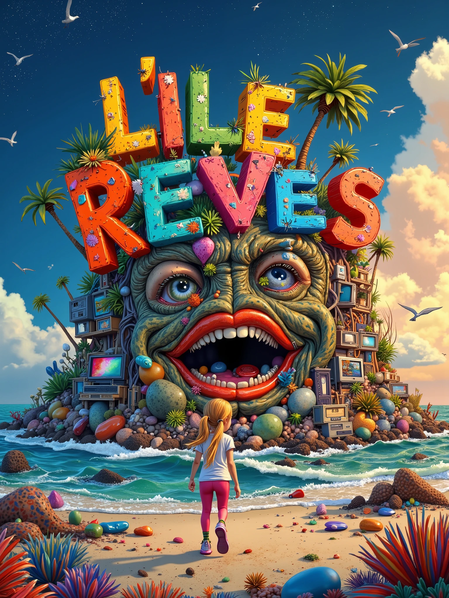 A highly detailed, whimsical, vibrant illustration poster featuring the title: “L'ILE des REVES PERDUS” made in recycled waste, garbage and damaged letters in a grunge, gross, cartoon font, this title on top of polluted island hill made of some colored trash, with only one palm tree instead of the I of the title. This island is a friendly creature head with a smiling face. A dirty black ocean around filled with black oil, fishing nets, plastic bottles, plastic bags, cardboards, papers, boxes, computers, electronic devices, broken stuffs, tv screens, miscellaneous equipment, seaweeds and cans floating on water with dirty waves. A ??? girl seen from behind, long blonde hair pigtails with a little palm tree in her hair, wearing a legging, t-shirt and sport shoes, is walking on a sandy filthy path beach leading to this island littered with rubbish and wires. All in a very joyful and colorful scene, in a Sunset lighting mood, backlight, nighty blue sky and stars and little seagulls far away, at dusk with clouds in a dreamlike background, fantasy, original perspective in a children’s book style