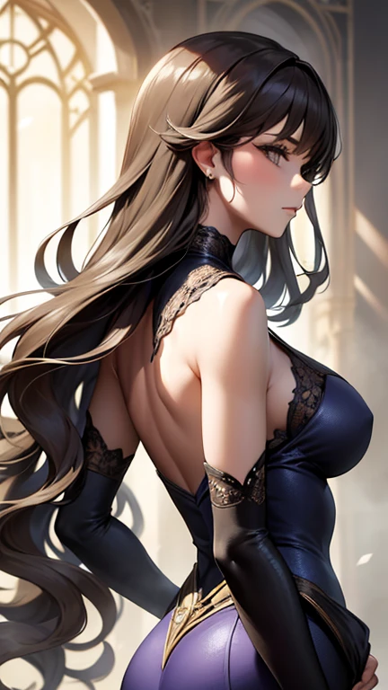 (lifelike, high - resolution:1.3), 1 girl with a perfect body, hourglass body, Super fine face, mature face, light brown eyes, very long hair, red hair, black long dress, exposed cleavage, blurry effect, dust, night, party, ballroom