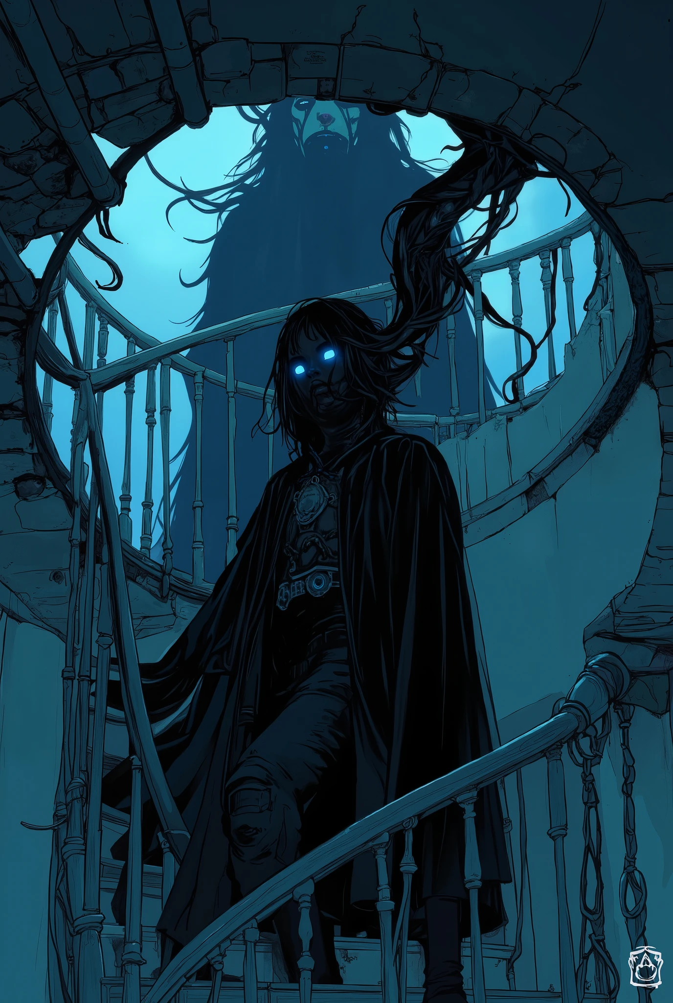 薄 dark照明の下で螺旋stageに謎の人物が立っている. The character has a long,  dark coat that adds to the enigmatic atmosphere. Above and behind this person,  dark, composition, enhances the otherworldly and creepy atmosphere of this scene. stage, {x} enhances the otherworldly and creepy atmosphere of this scene {x} {x} enhances the otherworldly and creepy atmosphere of this scene {x} Its tentacles and extended parts suggest movement and threat {x} a mysterious figure stands on a spiral staircase under dim lighting {x} along with white spindles and gently curved handrails, contrasts starkly against the  dark presence of the figure and the eerie spirits. mostly drawn in cool colors, blue and black color, a ghost like a shadow with glowing blue eyes appears. casts subtle shadows on、stageの深さと螺旋を強調している, adds elements of suspense and fear to the. The overall atmosphere is mysterious and supernatural, and, lighting that arouses anxiety and curiosity.