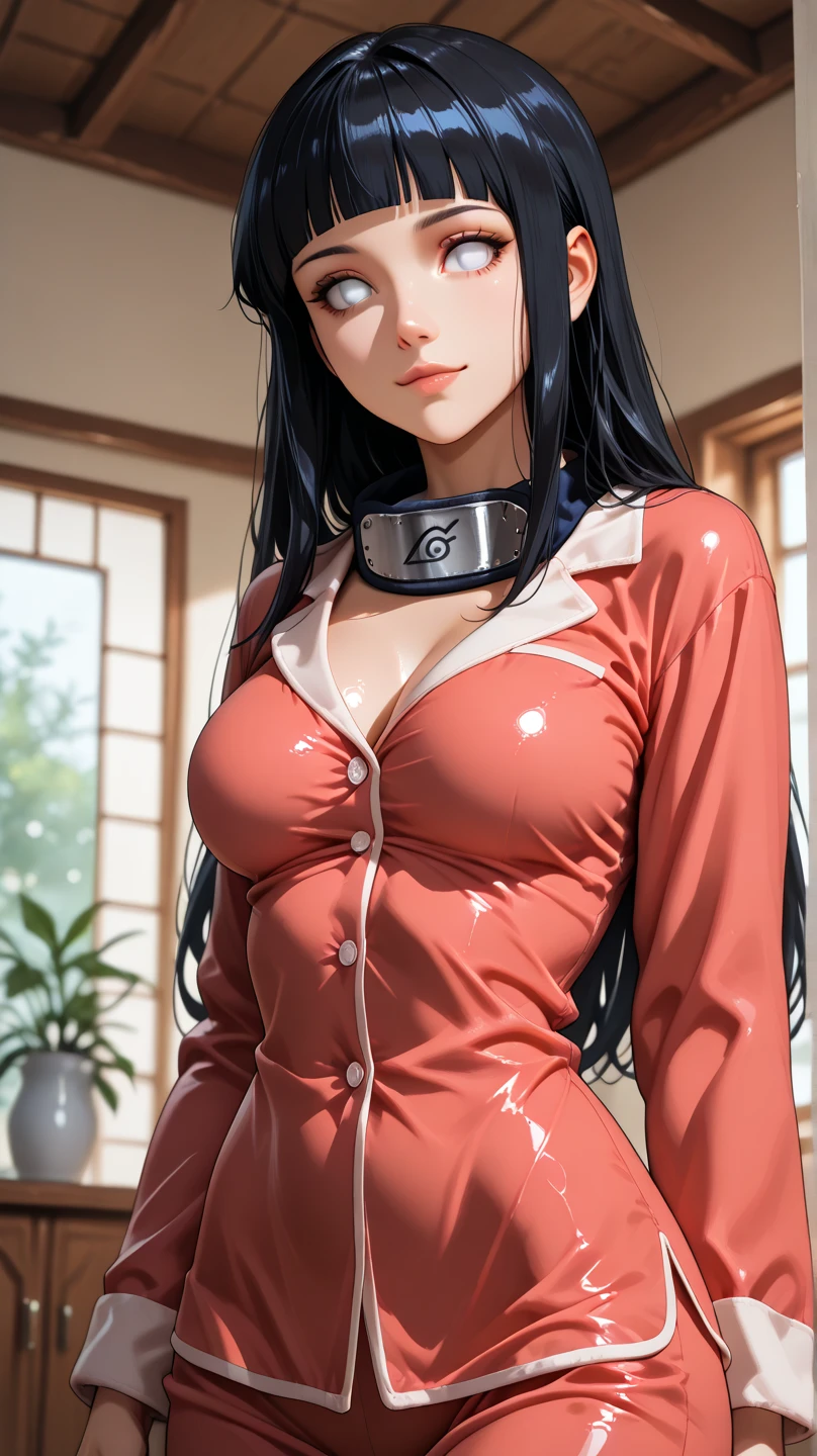 hyuuga hanabi, long hair tied low, hair band, hana purple eyes, beautiful, beautiful woman, perfect body, perfect breasts, wearing white pajamas, pajamas, sleepwear, in the kitchen, clear kitchen, looking at the audience, a slight smile, realism, masterpiece , textured leather, super detail, high detail, high quality, best quality, 1080p, 16k
