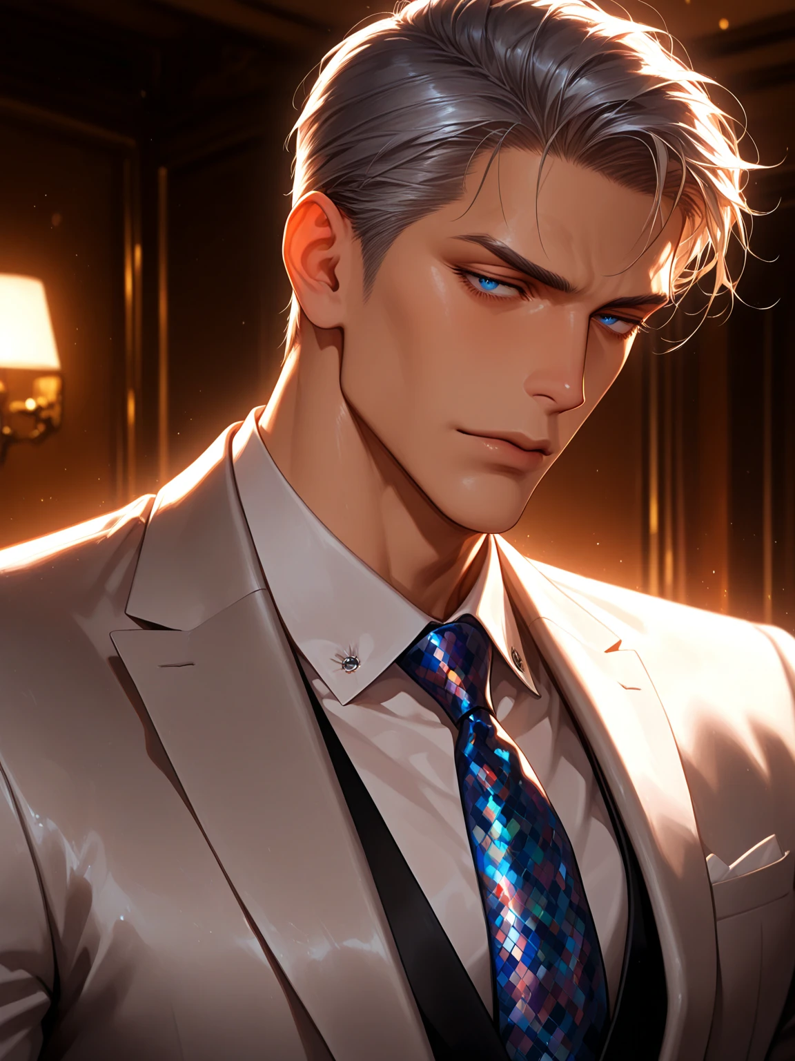 man, silver hair, wear suit, sitting sofa in room, shredded, ((ikemen)), bishounen, ((slanted eyes)), big nose, oval-face, highly detailed, high-key, clothes and hair reflecting light, dramatic lighting, rim light, anime male characters, official art, (anime) --auto --s2