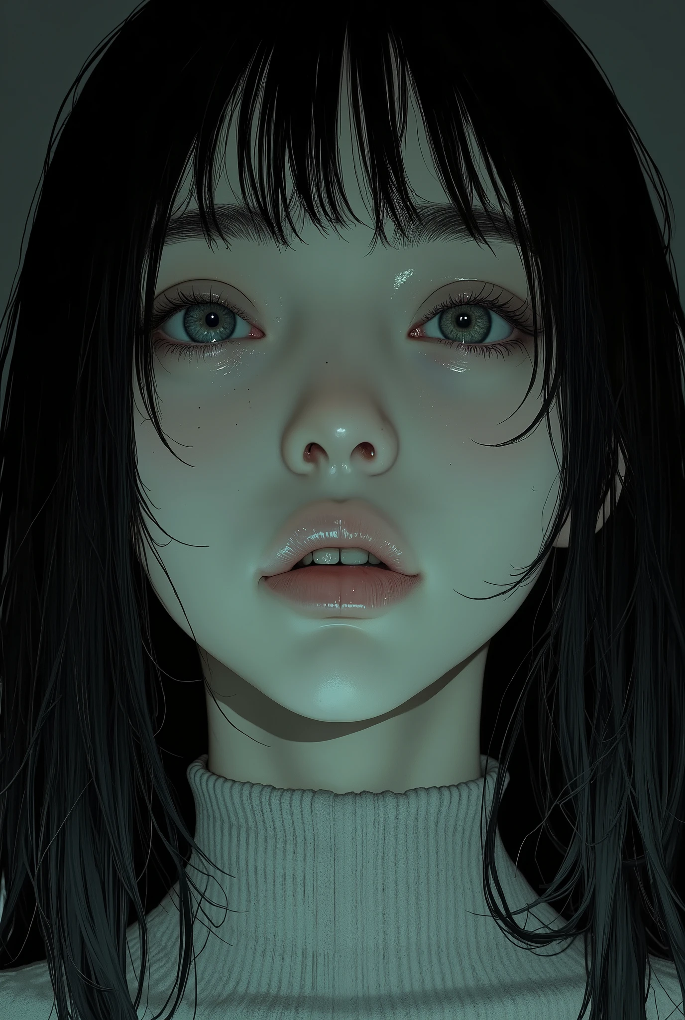 character portrait by Yukionna with a close-up of a human face、 has an eerie expression , Grudge, with ghostly eyes and dark hair, portrait of sadako of ring,  scary expression, Scary eyes, Japanese Horror, fearに満ちた表情, ring movie, Japanese Horror movie footage, ring,  horror images , fear, Scary Photos, Character portrait by Yukiona, An unforgettable face
