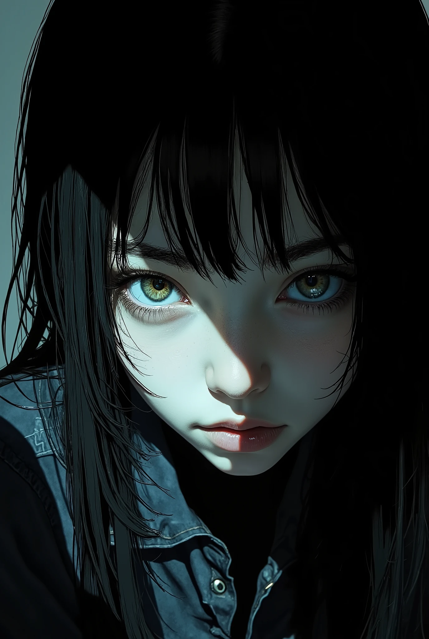 The contrast between the pure white sclera and deep black pupils {x} An eerie image of one eye peeking out sharply through a curtain of disheveled hair, dark hair,  Restless 、create an eerie atmosphere. her eyes are wide open and、it enhances the scene's ghostly supernatural atmosphere, conveys an intense and mysterious expression that evokes a sense of anxiety. Shadows dominate the composition, conveys the overall details of the surroundings in the dark, It highlights pale skin by projecting. dim lighting contributes to the ominous atmosphere and, suggest ominous premonition, mystery and intrigue typical of the horror genre. due to lack of visible environment or context、where the focus on eyes and hair is further emphasized, where the focus on eyes and hair is further emphasized, captivate the viewer.