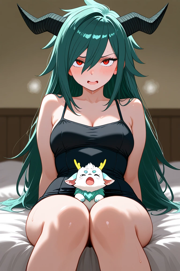 2 gothic monster girls, with long dark green and black hair, creepy hair ornament, flowers in hair, bugs in hair, lots of bugs in her curly hair, pretty face, fancy bra, sexy shirt, pajama pants, teal skin tone, skin color, other has dark skin tone, pink polka dots on her skin, big furry spiky fox tail, cute butterfly wings, abnormal skin color, big animal ears, anime style ,monster girl, seductive eyes, seductive smirk, blue tongue, purple drool, magenta eyes, happy, open mouth, the inside of her mouth is teal, ,score_9, spikes, polka dots on her face and arms, adorable tattoo, cute tattoos, upper body focus, 2 sharp teeth,sitting down in bed, rubbing her big pregnant belly with one hand, fancy sharp nails, ass on display, ass focus, fancy neckace