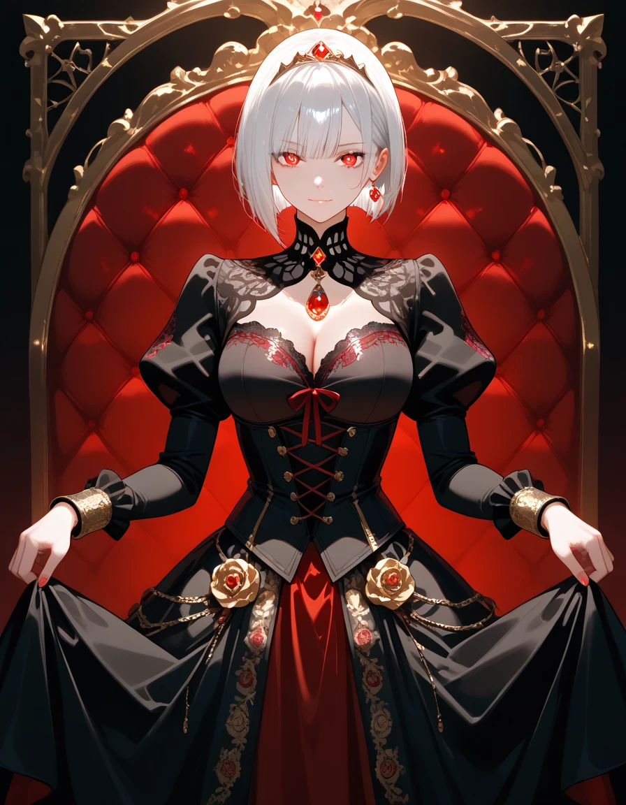 High-quality, blood-drenched background, dimly lit, 1female, The short white hair with ruby eyes was splattered with blood, Blood dripping seductively from her hand, A sensual allure echoing in her gaze, Teeth elongated into fangs, Cloaked in a voluminous floor-length dress, stained with crimson hues, Contributing to the eerie elegance of the scene, A table beside her, adorned with a vintage candelabra, Dripping wax forming a trail leading to a pile of discarded broken rosary beads, A red satin undertone subtly highlighting the bloodstain pattern