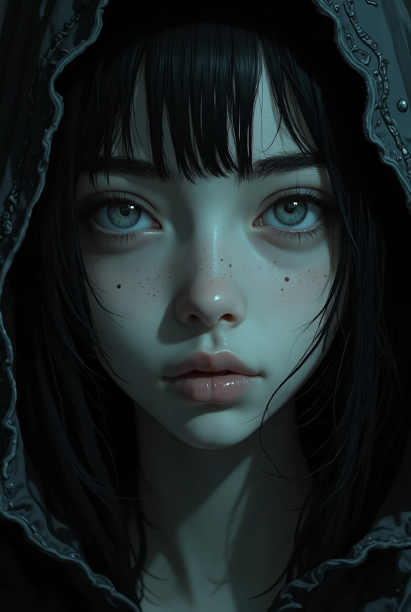 The contrast between the pure white sclera and deep black pupils {x} An eerie image of one eye peeking out sharply through a curtain of disheveled hair, dark hair,  Restless 、create an eerie atmosphere. her eyes are wide open and、it enhances the scene's ghostly supernatural atmosphere, conveys an intense and mysterious expression that evokes a sense of anxiety. Shadows dominate the composition, conveys the overall details of the surroundings in the dark, It highlights pale skin by projecting. dim lighting contributes to the ominous atmosphere and, suggest ominous premonition, mystery and intrigue typical of the horror genre. due to lack of visible environment or context、where the focus on eyes and hair is further emphasized, where the focus on eyes and hair is further emphasized, captivate the viewer.