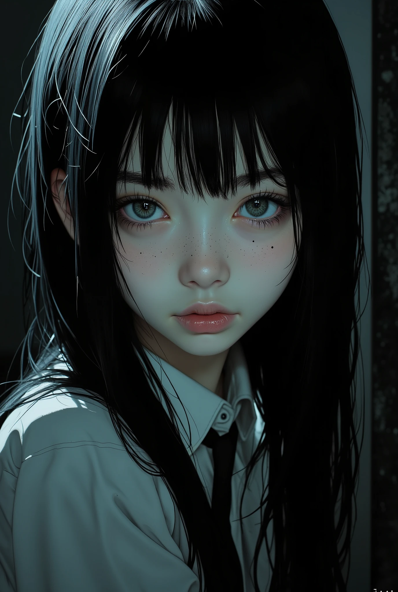 character portrait by Yukionna with a close-up of a human face、 has an eerie expression , Grudge, with ghostly eyes and dark hair, portrait of sadako of ring, scary expression, Scary eyes, Japanese Horror, An expression full of loneliness, with eyes visible through long damaged hair, ring movie, Japanese Horror movie footage, ring, horror images , fear, Scary Photos, Character portrait by Yukiona, An unforgettable face