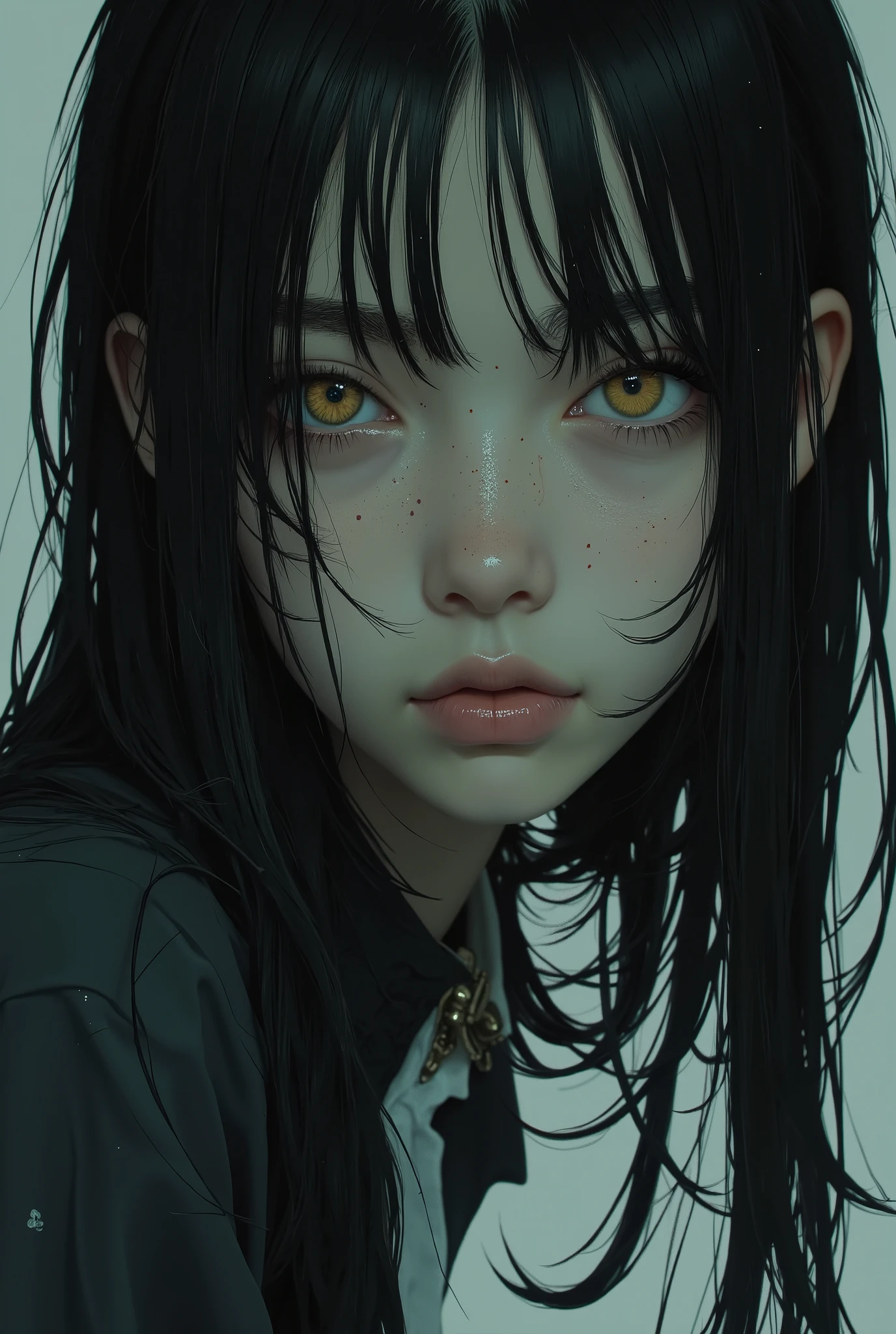 character portrait by Yukionna with a close-up of a human face、 has an eerie expression , Grudge, with ghostly eyes and dark hair, portrait of sadako of ring, scary expression, Scary eyes, Japanese Horror, An expression full of loneliness, with eyes visible through long damaged hair, ring movie, Japanese Horror movie footage, ring, horror images , fear, Scary Photos, Character portrait by Yukiona, An unforgettable face