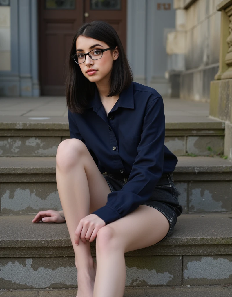 a beautiful brunette 18 yearold outfit glasses sitted down