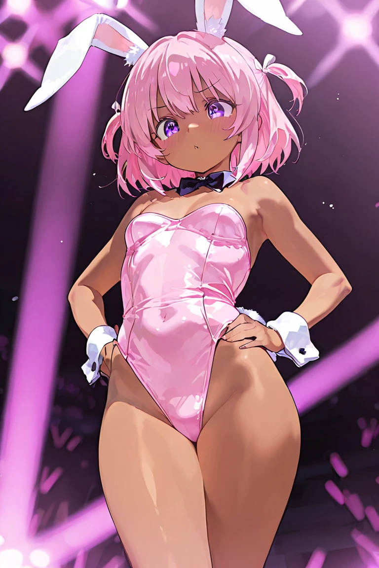 Bunny girl, tan skin,in maid outfit,curly hair,short hair pink hair ,purple eyes ,athletic body ,scars on body, Assassin