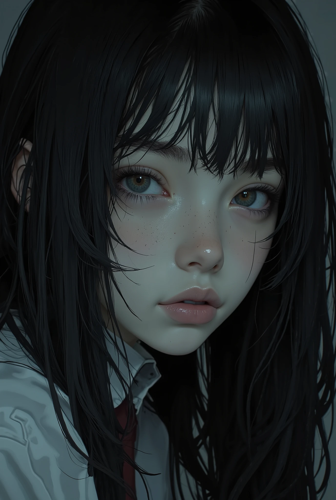 character portrait by Yukionna with a close-up of a human face、 has an eerie expression , Grudge, with ghostly eyes and dark hair, portrait of sadako of ring,  scary expression, Scary eyes, Japanese Horror, Her long damaged hair hides most of her face、character portrait by、Expression full of loneliness and hate, ring movie, Japanese Horror movie footage, ring,  horror images , fear, Scary Photos, Character portrait by Yukiona, An unforgettable face