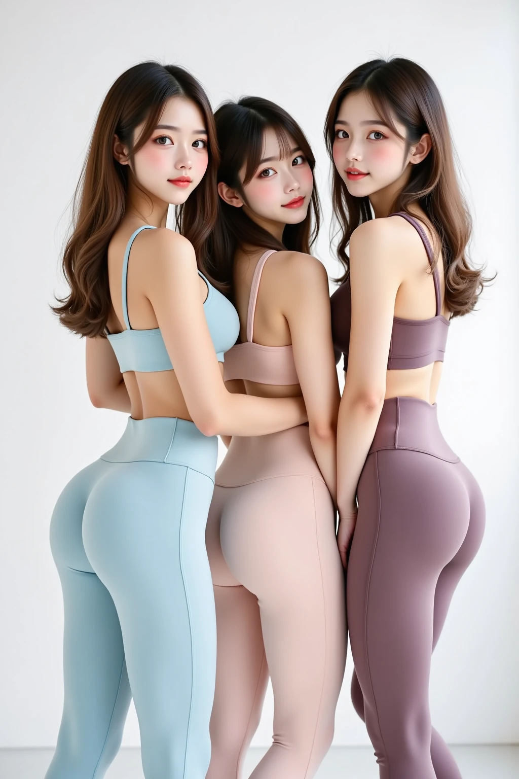 Create an image of a group of Japanese women doing yoga。Please prepare 4 patterns that show your whole body.。Age: 30。Weight: 45 kg。Height: 160cm。Bust E Cup。The waist is constricted,、The abdominal muscles are slightly visible.。Her limbs and butt are as slim as a model's.。Wearing a white nurse cap。She is wearing a tiny white bikini。You can see the erect nipples。The bikini pants are shaped like a thong.。Has a serious expression。