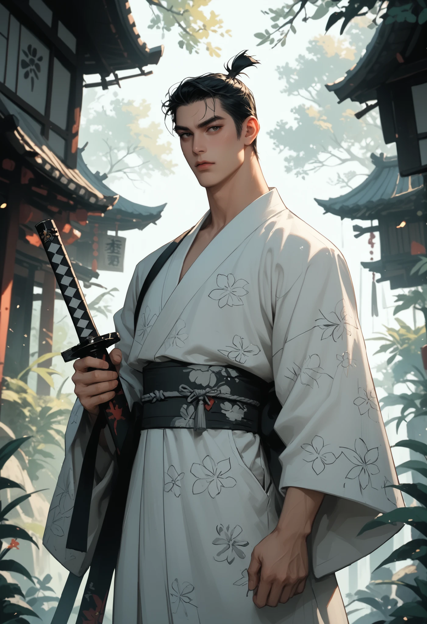 (solo), Samurai Jack, Japanese, black hair, topknot, white kimono with gray accents, Nagajuban \(japanese clothing\)