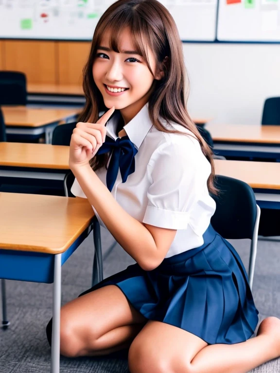 （8k、Raw photo、highest quality、masterpiece：1.2),(Spread your legs wide,Legs wide open),(Braided twin tails:1.3),Staring at the audience,Viewed from the front,erotic,White skin,(White panties),Absurd,masterpiece,highest quality、超A high resolution,,Len,Beautiful poop,one person, solo,whole body,ＪＫ ,high school girl,Japanese women、（Photorealistic：1.37）、Photon Mapping,Realistic、(Cute face: 1.4)、Serme、Attractive face、(Red bow tie)、Radio City、物理ベースLenダリング、prospect、Depth of written boundary、Blurred Background、picture,Beautiful feet, Nose Soft,(Light blue shirt), (Navy, blue and white checkered pleated skirt), I can see your knees,Cleanse your thighs,Nogizaka Idol, , Japanese Ido、Big ample breasts、(Cute Smile: 1.5)，whole body写真、Roll up the skirt yourself、Super Definition、School classroom、Sit on the desk and spread your legs、White knee-high socks