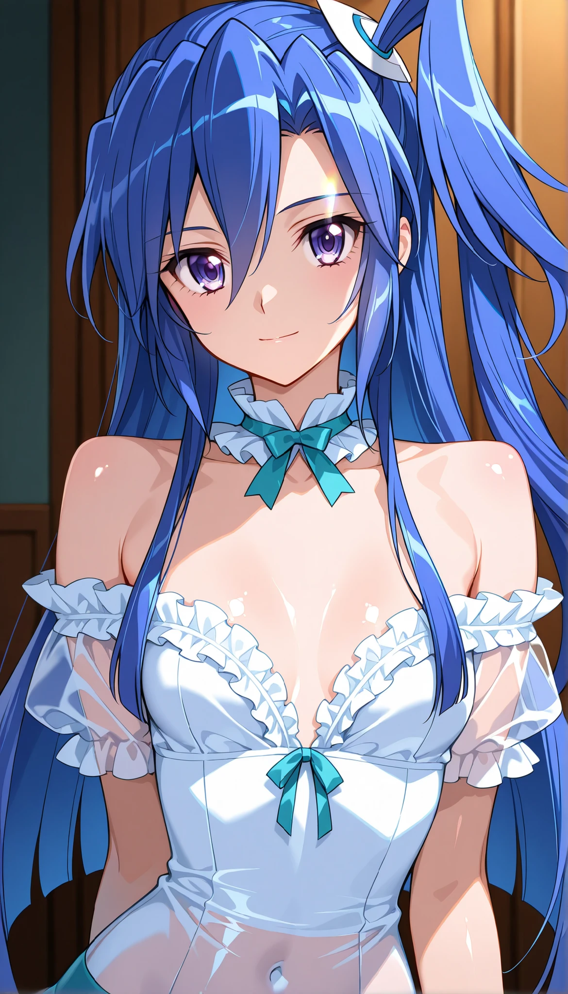 maha, anime art style, 1girl, solo, long_hair, breasts, smile, open_mouth, bangs, hair_ornament, gloves, dress, sitting, blue_hair, purple_eyes, collarbone, upper_body, short_sleeves, sky, elbow_gloves, puffy_sleeves, white_gloves, white_dress, puffy_short_sleeves, looking_to_the_side, curtains