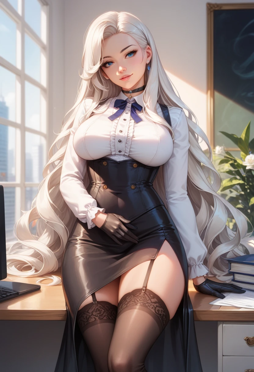 grey wolf \(kemono friends\), adult woman, two-tone hair, long hair, large breasts, wolf ears, heterochromia, wolf tail, fur collar, collared shirt, black shirt, breast pocket, plaid necktie, plaid skirt, pleatedskirt, wearing white gloves, stockings, fur-trimmed boots. (She grabbing her breast's with her white gloves ),