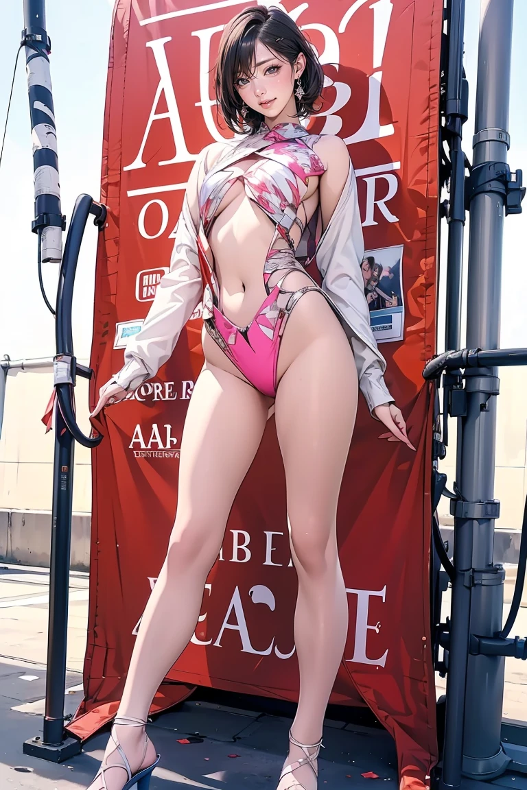a girl wears transparent pink lace,uhd,8k,detailed,full body,long hair,slim body,(no face mask),(big breasts),at sea side,the cloth is like spiderman suit
