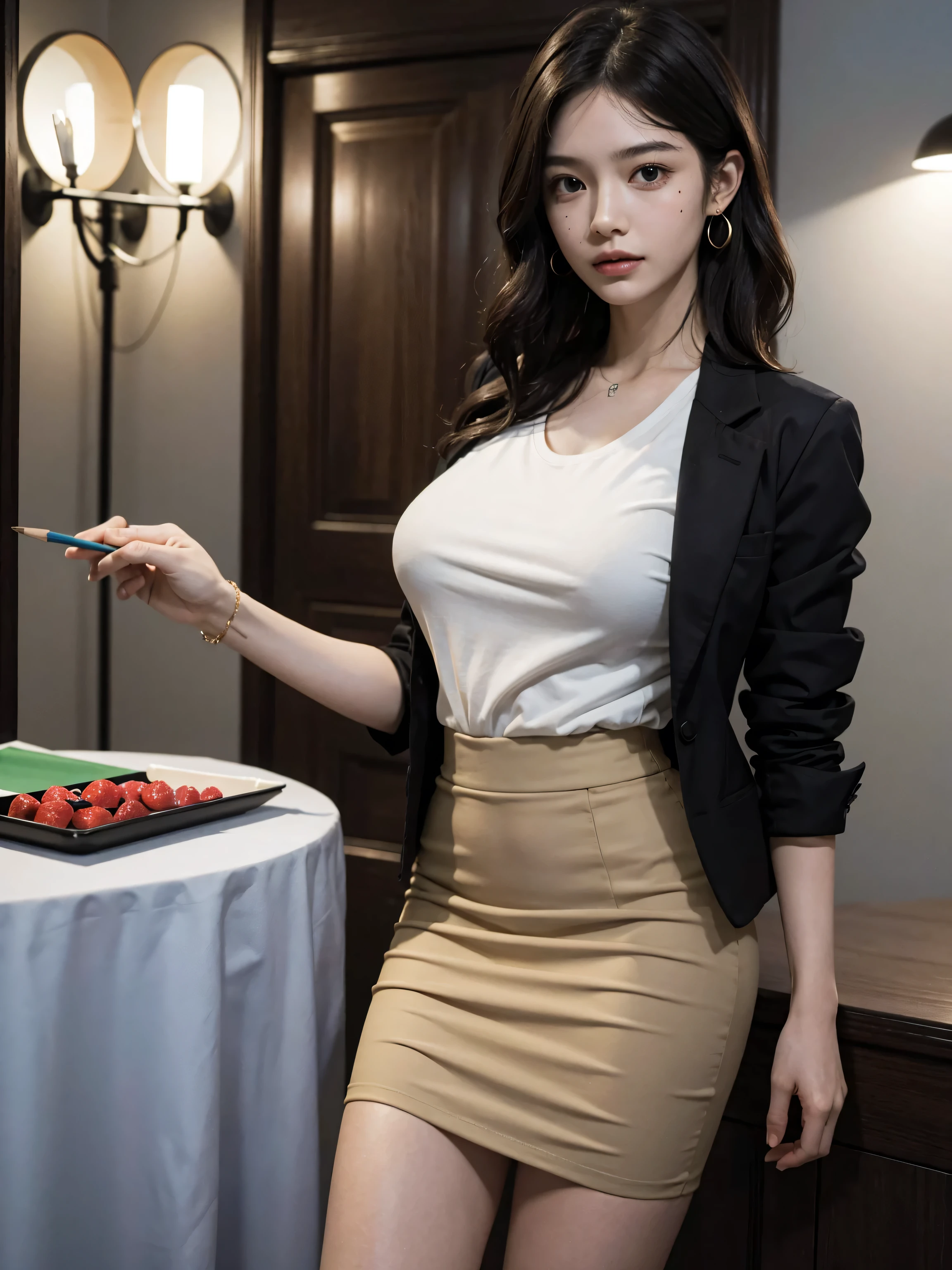 masterpiece, top-quality, (extremely detailed photo, 8k wallpaper), 细致Background with, 1womanl、Nasty、Charming and flawless beauty, 40 years、(Elegance)、(Pink Silk Blouse)、(Red Micro Mini Skirt)、((stick out buttocks))、(Curvaceous), (thighs thighs thighs thighs: 1.12)、Holding nothing in your hands、(Long Black Hair:1.12)、Look at the viewer、(cleavage of the breast)、length hair、(ssmile:1.1), (Background with:Lobby of luxury resort hotel)