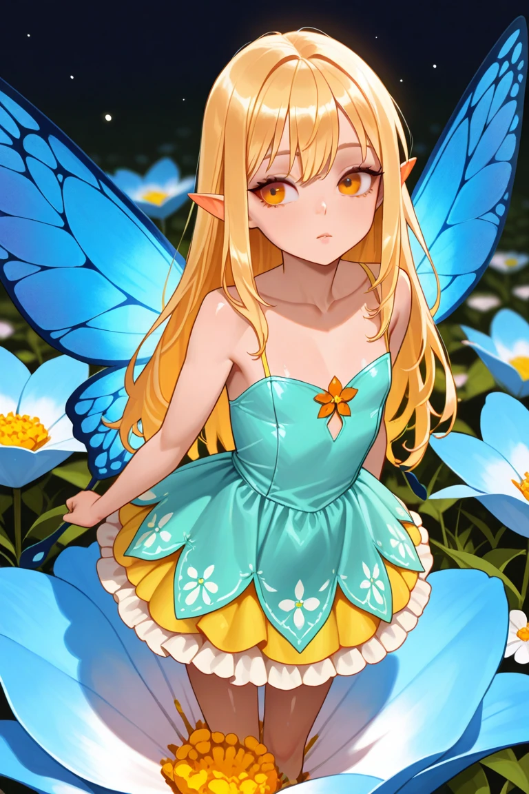(TinkerWaifu:1), (single hair bun), (strapless green dress), (flower dress), (leaf dress), (fairy wings) ((blue eyes)), cartoony facial features, large round eyes, blonde hair, (dress:1.2), (realistic:1.2), (masterpiece:1.2), (full-body-shot:1),(Cowboy-shot:1.2), light particles, magical forest background, dark romantic lighting, (highly detailed:1.2),(detailed face:1.2), (gradients), colorful, detailed eyes, (detailed landscape:1.2), (natural lighting:1.2),(detailed background),detailed landscape, (dynamic pose:1.2), wide shot, solo, <lora:tinkerbell_character-10PROUNED:0.4> <lora:add_detail:0.2> <lora:hipoly3DModelLora_v10:0.05> <lora:RSERomantic_RSESofiko_RSEEmma-v1:0.1>