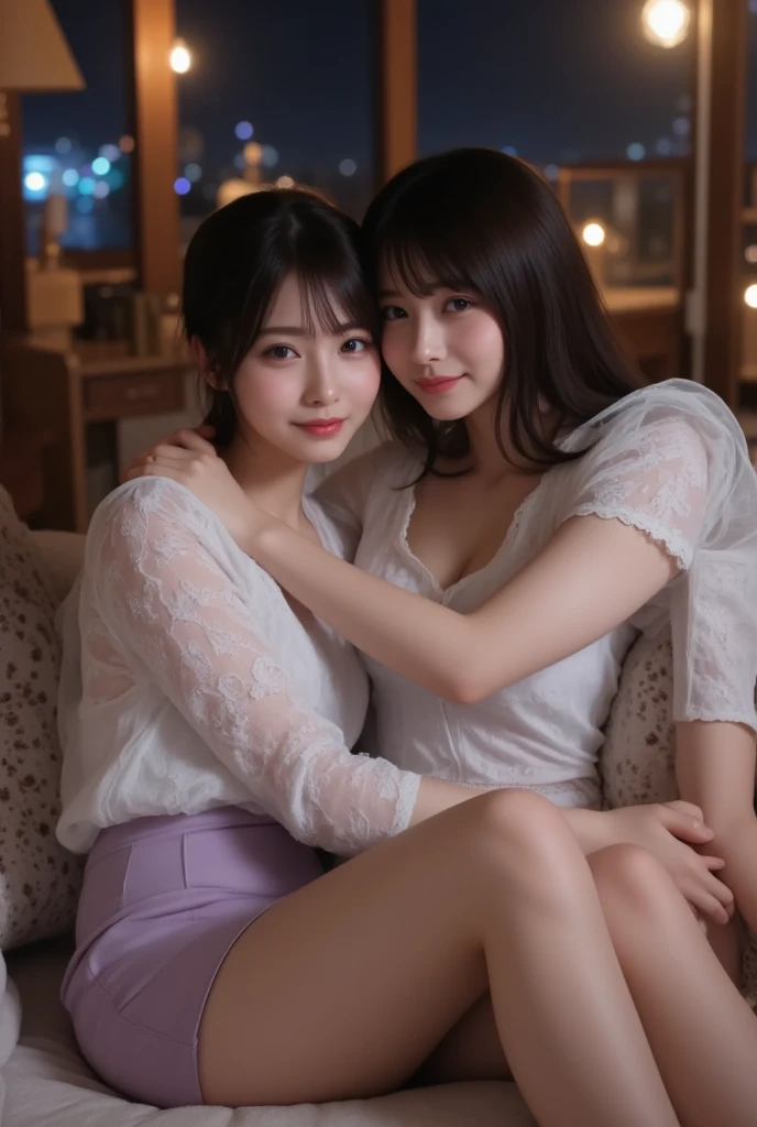 A close-up photo,  (two Japanese girls), Hair tied up, Bangs down, (Double eyelids), looking at the viewer, ((Sitting in the sofa at the hotel) lobby), (All smiling), Highest Resolution, masterpiece, (All wearing white long-sleeve turtle-neck sheer lacy bridesmaid dress), ((All lifting up dress, and exposing panties and naval)), (All wearing earrings), (thighs separated widely)
