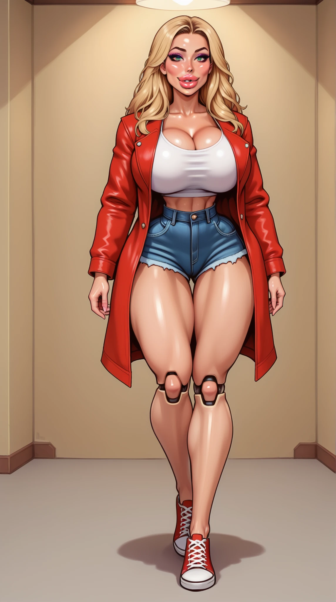 1990s anime, (masterpiece), high-definition, vibrant colors, korean girl, big boobs, big hips, messy dark purple hair, orange eyes, crop top sweater, jacket, shorts, belt, thong, thigh high stockings, boots, fishnet, balcony, leaning on the railing, sunset