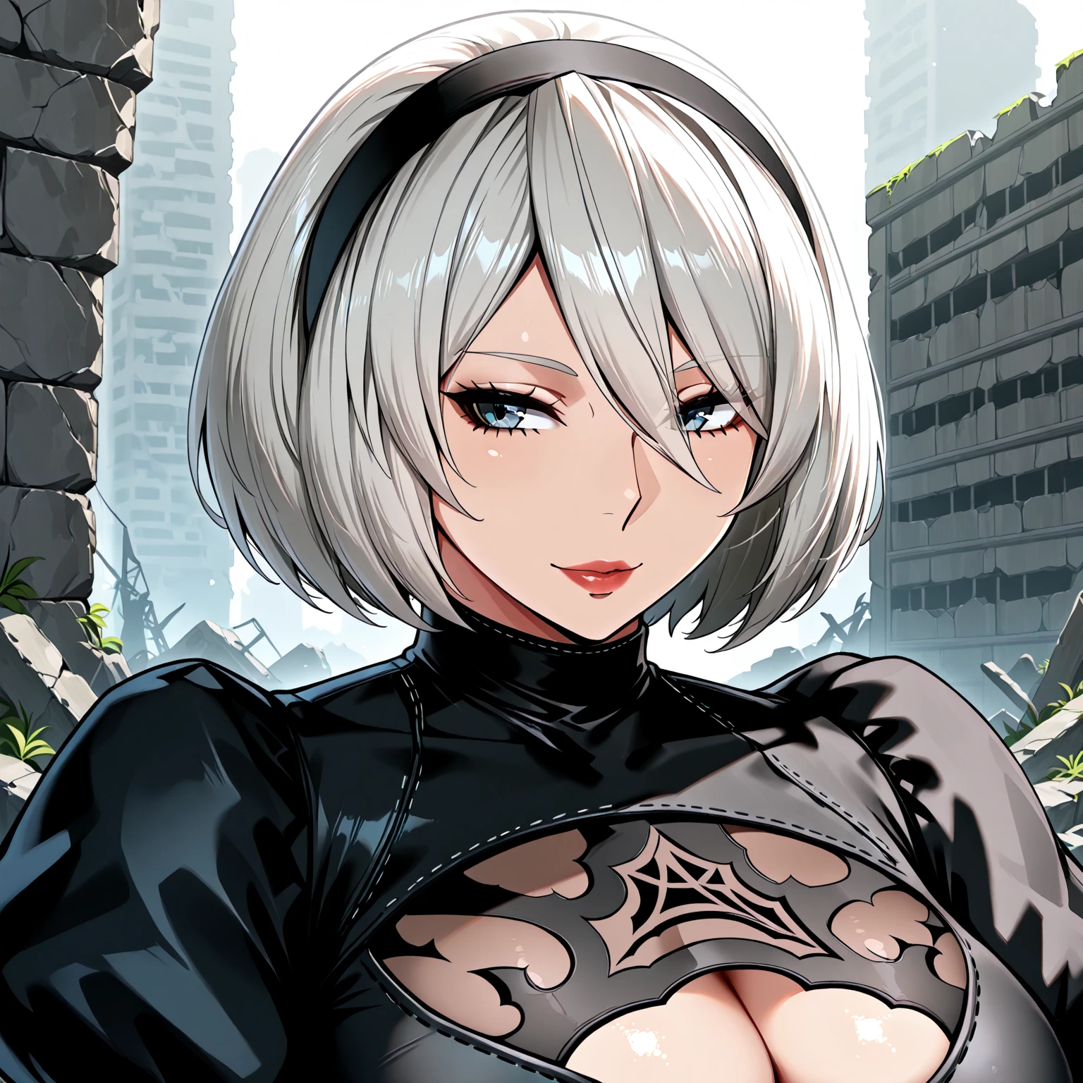 90s style, Dark fantasy anime illustration of a (Mature MILF BIMBO Dark Elf with gray skin and short white hair), (Upper part of the body) Perfect face, wearing tight-fitting leather stealth armor, stalking his victim in DAYLIGHT, ambient light, dark and moody, retro style, Large knocker neckline, lustful blushing smile red blush red cheeks, chain strap, down on my knees, shackles, black collar leather slave, ((black background))