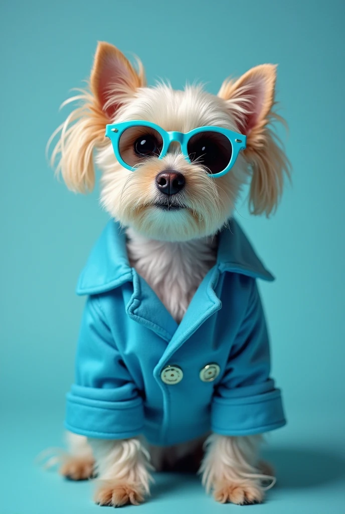 best mobile wallpaper,award winning wallpaper,Photo photography,Front view of a cute dog,Dressed in mid-1960s space-age fashion,Side view photo,shot with Canon EOS R5,Set a strong contrast to make the subject stand out,Fluorescent blue,Wearing a very modern coat and sunglasses,It's a modern 1960s style,All clothes are one color,Beautiful background