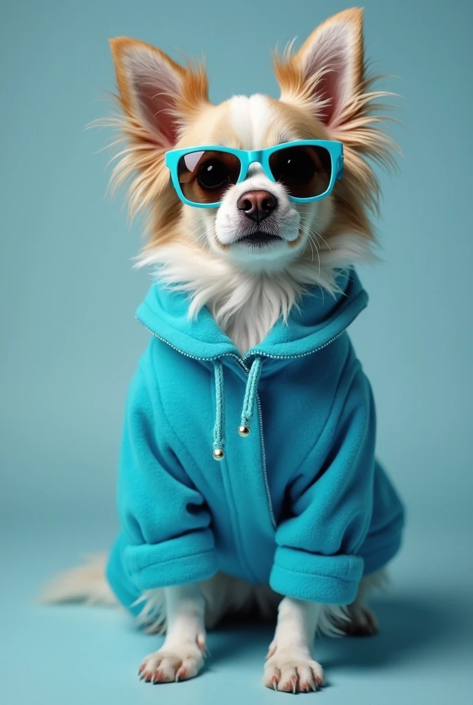 best mobile wallpaper,award winning wallpaper,Photo photography,Front view of a cute dog,Dressed in mid-1960s space-age fashion,Side view photo,shot with Canon EOS R5,Set a strong contrast to make the subject stand out,Fluorescent blue,Wearing a very modern coat and sunglasses,It's a modern 1960s style,All clothes are one color,Beautiful background