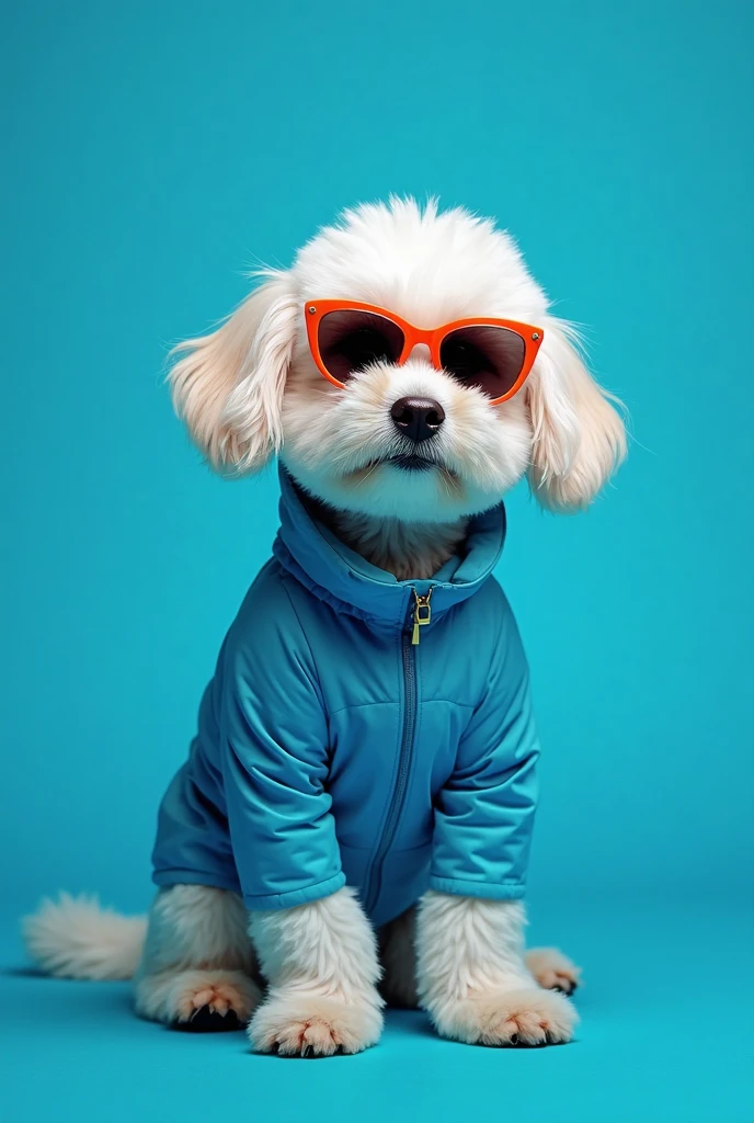 best mobile wallpaper,award winning wallpaper,Photo photography,Front view of a cute dog,Dressed in mid-1960s space-age fashion,Side view photo,shot with Canon EOS R5,Set a strong contrast to make the subject stand out,Fluorescent blue,Wearing a very modern coat and sunglasses,It's a modern 1960s style,All clothes are one color,Beautiful background