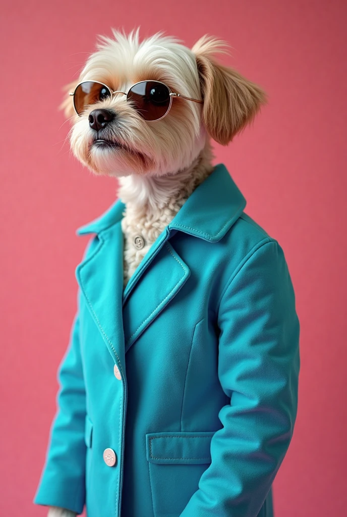 best mobile wallpaper,award winning wallpaper,Photo photography,Front view of a cute dog,Dressed in mid-1960s space-age fashion,Side view photo,shot with Canon EOS R5,Set a strong contrast to make the subject stand out,Fluorescent blue,Wearing a very modern coat and sunglasses,It's a modern 1960s style,All clothes are one color,Beautiful background