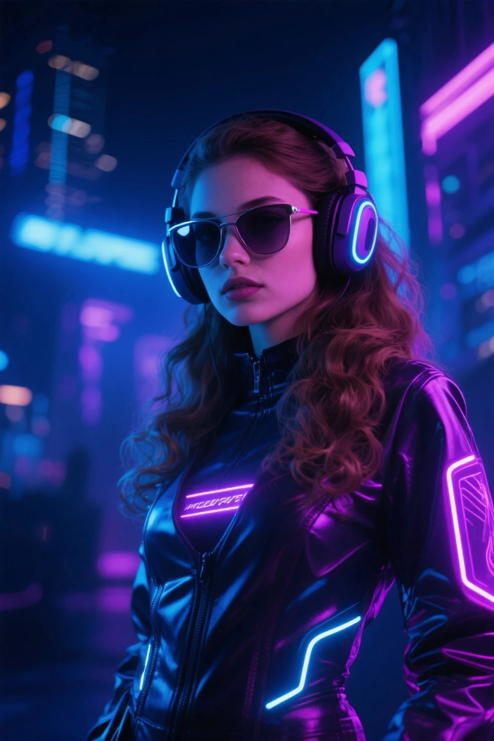brown hair .  beautiful woman ，Curly hair and sunglasses，Wear full-sized headphones - headphones or surround the darkroom neon cyberpunk ht coordinator neon