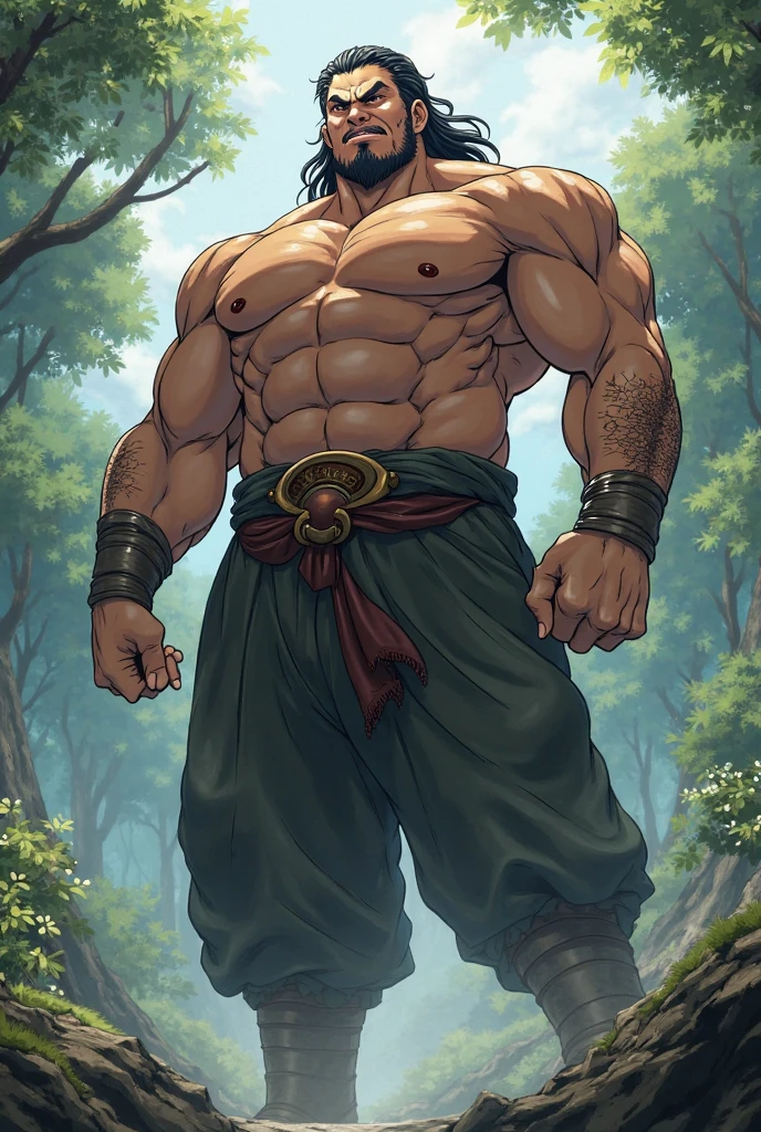 1boy asian male, (korean man with k-pop idol look), black hair, giant, model shoot style, looking at viewer, standing, strong body, standing, rainforest with wooden tribe hut behind, exotic skin, traditional tribe costume, prominent muscle bulge, brutalmass, detailed face, heavy muscular, stubble, photo real, sexy, big, brutalmass, giant, muscular body, bulk, massive body, large size, smile, illuminating light, outdoor
