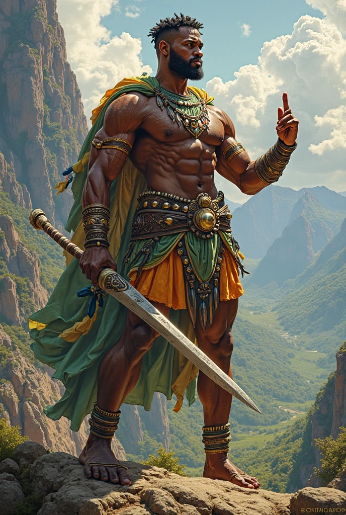 Orisha Black Man, warrior, shorth hair, blue clothing, holding a medieval sword raised in the hand with the tip pointing upwards, in a green field.
