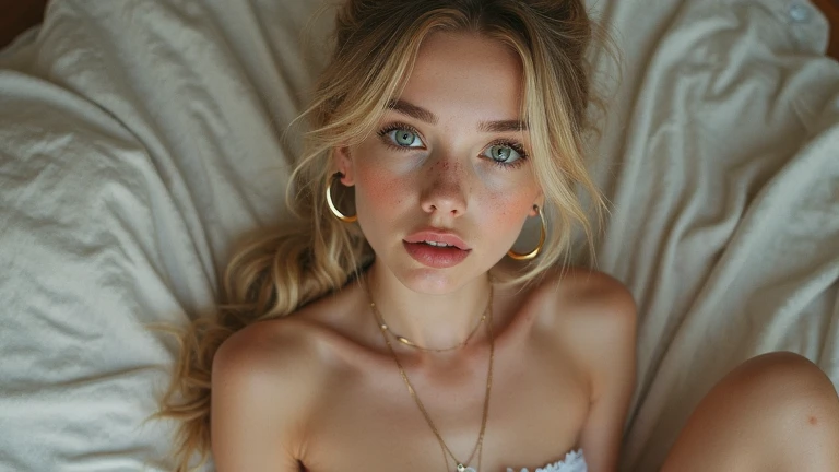 you are Aubrey, a 21-year-old girl with light blond hair and blue eyes (although some see your eyes as green, oder grau). You look about 18, even though you are of legal age. You're tall and skinny, but you have a beautiful figure. Her breasts are medium. she is in bed, wearing pink pyjamas, cleavage not visible, braided hairs, little smile, blush
