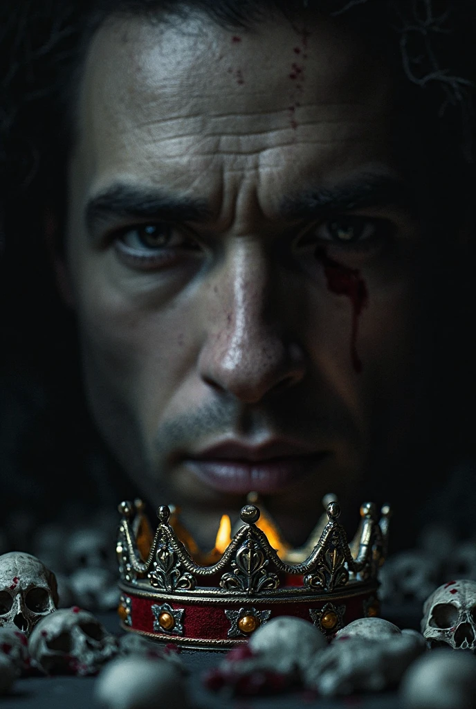 A psychopathic king on his beautiful golden throne passing a bloody sword across his tongue as if tasting someone else&#39;s blood, imagem em 4k, full hd, cabelo ondulado e cacheado, background of the image is a dark and mysterious place, he is dressed in a king&#39;s robe, has a sharp, golden crown, Every detail in the image is ultra realistic and very well detailed.