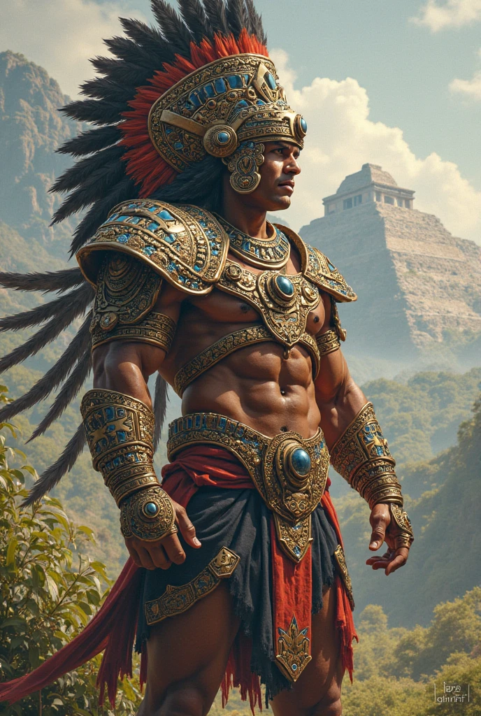 Aztec warrior, typical armor, feather helmet, warrior makeup, wielding a spear and shield, Ready to fight, Whole body, yelling, seen from the front