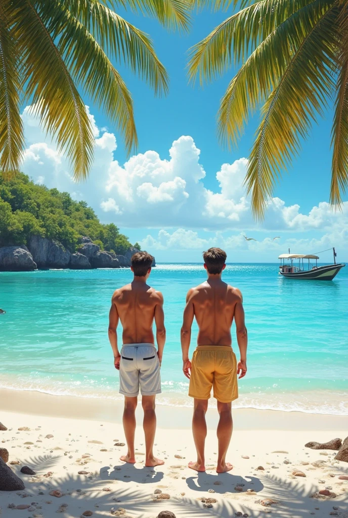 Two beautiful young men on the beach with coconut in their hands with rainbow colored boxers and the other pink