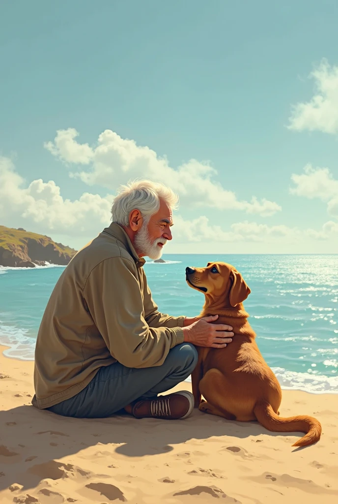 A man is sitting in the beach with his dog - SeaArt AI